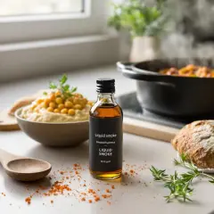 Comment donner un goût fumé aux aliments : une bouteille de "Liquid smoke" à côté d'un houmous et d'un pain rustique.