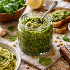 Un pot de pesto maison, prêt à être dégusté avec des pâtes ou sur du pain grillé. Une authentique pesto recette italienne.
