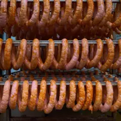 Des saucisses roses et orangées pendent en rangées sur des étagères métalliques, prêtes pour le processus de fumer des saucisses à froid.