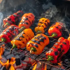 Poivrons rouges et jaunes grillés sur un barbecue, dégageant une fumée alléchante. Le poivron barbecue parfait pour un repas d'été.