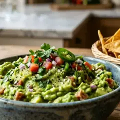 Un bol de guacamole frais, garni de tomates, oignons rouges, coriandre et jalapeño. Parfait pour une recette guacamole maison avec des chips tortilla à côté.