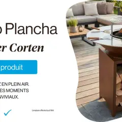 Brasero plancha en Acier Corten, idéal pour le nettoyage et la convivialité en plein air. Prix : 900,00 €.