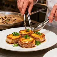 Un chef garnit des médaillons de bœuf sur le grill avec du persil. Une sauce aux champignons crémeuse est visible en arrière-plan.