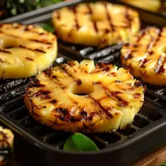 Tranches d'ananas au barbecue, caramélisées et grillées, sur une plaque de cuisson.