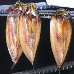 Trois poissons fumés, suspendus sur des crochets métalliques, révèlent leur chair dorée. La température de fumage à chaud est idéale pour cette cuisson.