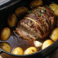 Un rôti de quasi de veau, lié à la ficelle, mijote dans une cocotte avec des pommes de terre et de l'ail.