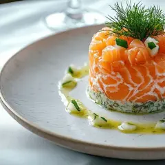 Tartare de saumon frais, délicatement préparé avec une touche de saumure, garni d'aneth et servi sur une assiette élégante.