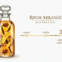 Bouteille de rhum arrangé vanille, fruits de la passion, ananas, cannelle et anis étoilé. Macération de 3 mois pour une infusion optimale.
