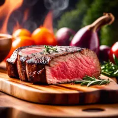 Un steak juteux, coupé en deux, sur une planche en bois, avec des flammes de barbecue rapide en arrière-plan. Tomates et oignons pour accompagner.