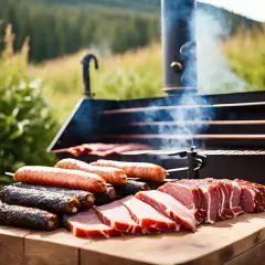 Saucisses, poisson fumé et viande prêts pour une recette de fumage à froid. La fumée s'échappe du fumoir en plein air.