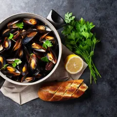 Un plat de moules grillées, garni de persil frais, d'un quartier de citron et d'une baguette à l'ail, prêt à être dégusté.