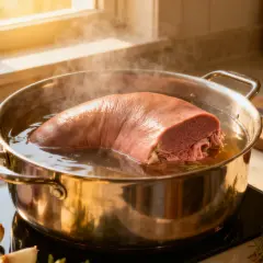 Une langue de bœuf mijote dans une casserole, entourée d'oignons, d'ail et de thym. Un cours de cuisine savoureux en préparation.