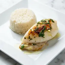 Un plat de seiche à la plancha, tendre et savoureuse, accompagnée d'une portion de riz blanc.