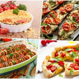 Un délicieux repas d'été entre amis : gratin de légumes, aubergines au fromage et tomates, ratatouille et tarte salée aux courgettes.