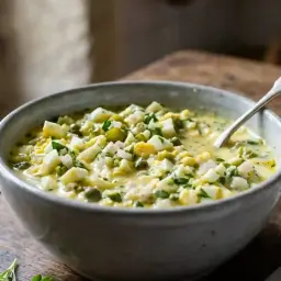 Un bol de sauce gribiche, garni d'œufs durs hachés, de câpres et de persil, prêt à accompagner des asperges.