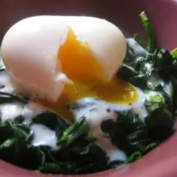 Un œuf mollet cuisson parfaite, coulant sur des épinards crémeux. Un délice simple et savoureux.