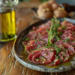 Carpaccio de lambi, fines tranches de chair de lambi cru marinées, arrosées d'huile d'olive et garnies d'herbes fraîches.
