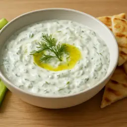 Un bol de tsatsiki crémeux, garni d'aneth et d'huile d'olive, avec des bâtonnets de concombre et des morceaux de pain pita grillé.