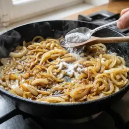 Une main ajoute du sucre à des oignons caramélisés dans une poêle en fonte. La vapeur s'échappe des oignons dorés.
