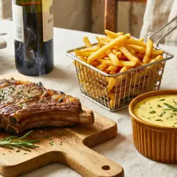 Un steak-frites fumant, accompagné de frites croustillantes et d'une onctueuse sauce béarnaise, prêt à être dégusté.