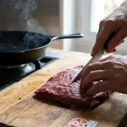 Un homme tranche une bavette de boeuf crue sur une planche en bois. Une poêle en fonte fumante est sur le feu à côté.