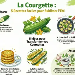 Illustration montrant diverses idées de cuisson courgette : zoodles, beignets, rôties, sautées, et tiges bouillies.