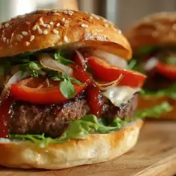Un délicieux burger maison avec un pain aux graines de sésame, une viande juteuse, des tomates fraîches, de la laitue croquante et une sauce savoureuse.