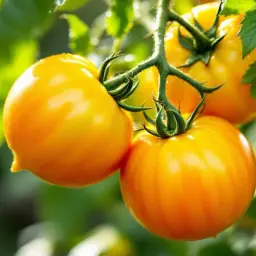Trois tomates ananas jaunes et brillantes pendent sur leur tige, baignées de soleil.