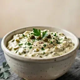 Sauce tartare maison crémeuse, garnie de persil frais et de câpres. Parfaite pour accompagner vos plats de poisson.