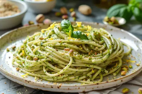 Spaghetti généreusement enrobés d'un pesto pistache vibrant, garni de pistaches concassées et d'une feuille de basilic frais.