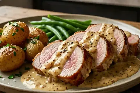 Tranches de filet mignon en sauce crémeuse, accompagnées de pommes de terre rôties et de haricots verts. Un plat savoureux.