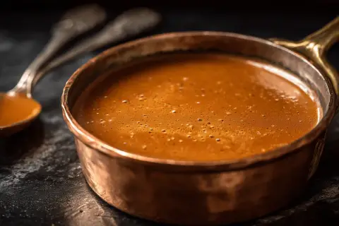 Une cuillère en argent repose à côté d'une casserole en cuivre remplie d'une sauce américaine onctueuse et mousseuse, prête à être dégustée.