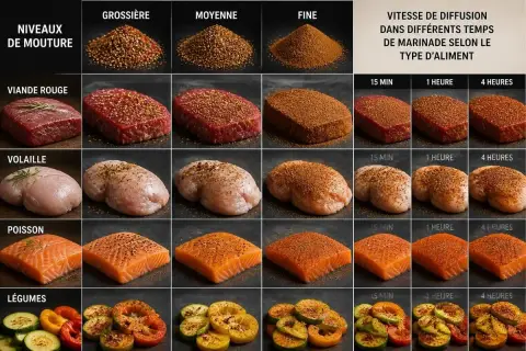 Différents aliments (viande, volaille, poisson, légumes) marinés avec un mélange 4 épices de mouture fine, moyenne ou grossière, montrant la diffusion de la marinade.