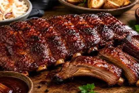 Côte à l'os marinée, brillante et caramélisée, servie avec des pommes de terre rôties et une salade de chou. Un délice à savourer !
