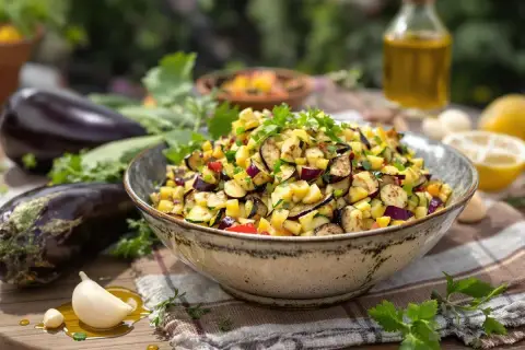 Un délicieux caviar de courgettes, coloré et frais, garni de persil. Des aubergines et des citrons sont disposés autour.