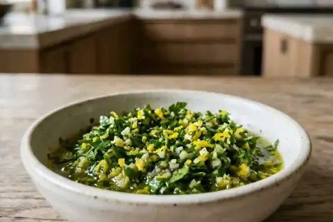 Un bol de gremolata fraîche, mélange de persil, ail et zeste de citron, prêt pour une recette savoureuse.