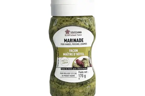 Bouteille de marinade Maître d'Hôtel prête à l'emploi, saveur ail, beurre, persil, citron et herbes. Idéale pour viandes, poissons et légumes.