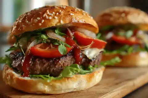 Un délicieux burger maison avec un pain aux graines de sésame, une viande juteuse, des tomates fraîches, de la laitue croquante et une sauce savoureuse.