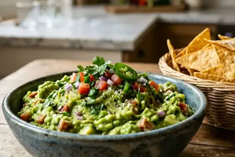 Un bol de guacamole frais, garni de tomates, oignons rouges, coriandre et jalapeño. Parfait pour une recette guacamole maison avec des chips tortilla à côté.
