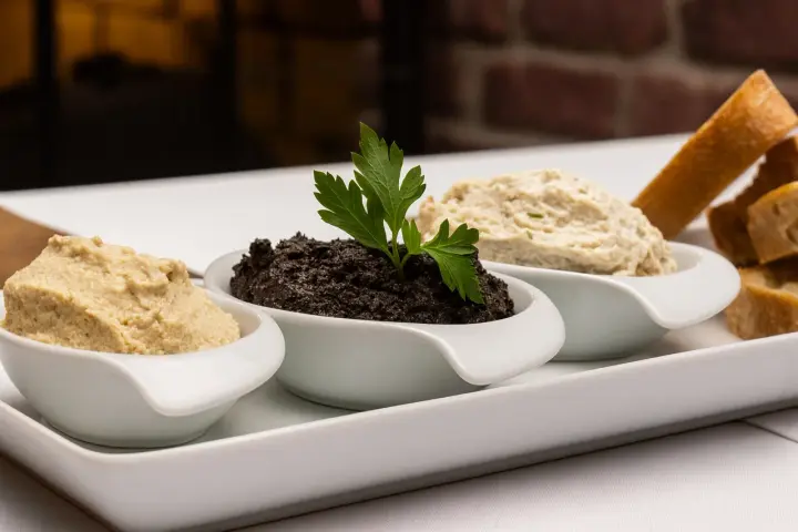 Trois ramequins blancs présentent des tartinades : une dorée, une tapenade olive noire garnie de persil, et une crème claire. Des tranches de pain grillé sont disposées à droite.