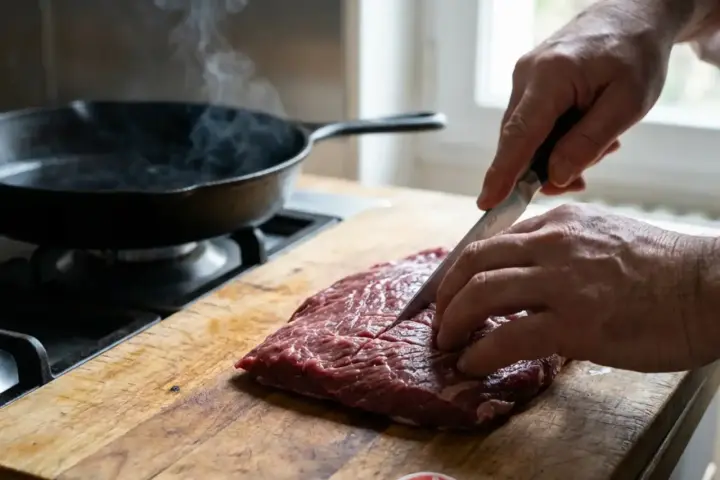 Un homme tranche une bavette de boeuf crue sur une planche en bois. Une poêle en fonte fumante est sur le feu à côté.
