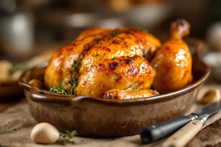 Un délicieux supreme de volaille doré et croustillant, garni de thym frais, prêt à être dégusté dans un plat en terre cuite.