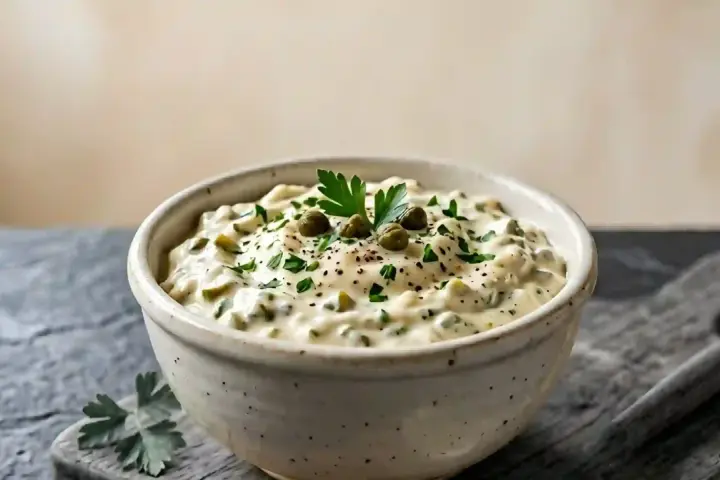 Sauce tartare maison crémeuse, garnie de persil frais et de câpres. Parfaite pour accompagner vos plats de poisson.
