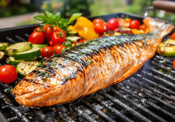 Un poisson entier, un beau sole au barbecue, cuit à la perfection avec des légumes grillés autour.