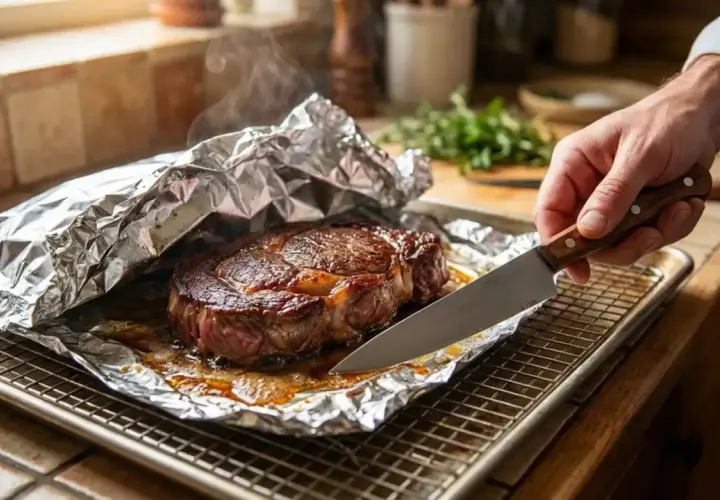 Un rumsteak juteux, enveloppé dans du papier aluminium, prêt pour un barbecue. La vapeur s'échappe, promettant une viande savoureuse.