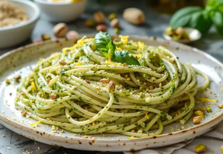 Spaghetti généreusement enrobés d'un pesto pistache vibrant, garni de pistaches concassées et d'une feuille de basilic frais.