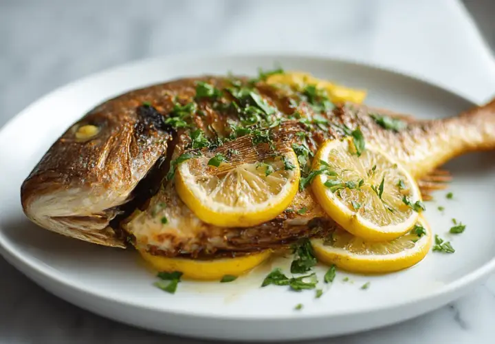 Dorade entière rôtie, garnie de rondelles de citron et de persil frais. Un délice simple, parfait pour une marinade dorade.