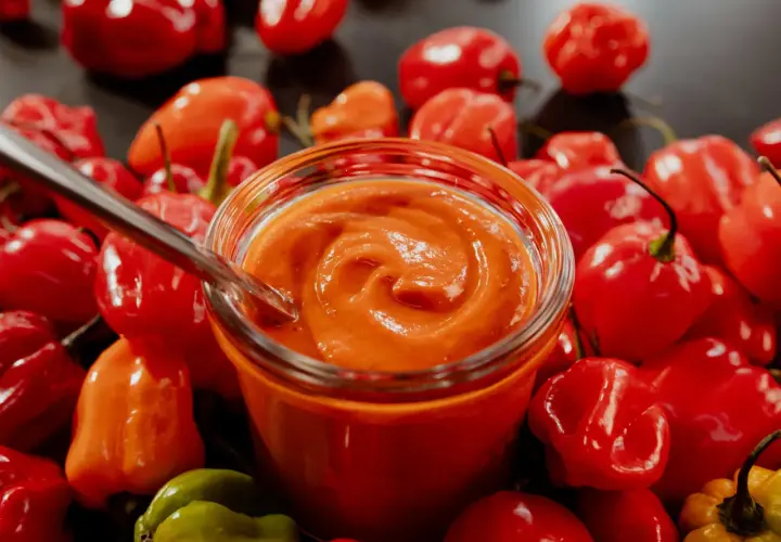 Un pot de sauce piquante maison, entouré de piments rouges et verts. Une cuillère est plongée dans la sauce, prête à être dégustée. Une recette de sauce piquante à essayer !