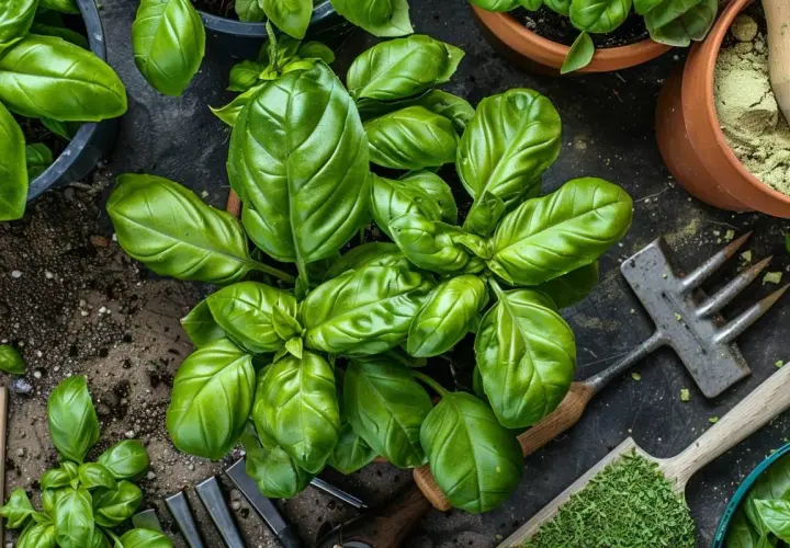 Plante de basilic luxuriante, prête à être récoltée. On imagine déjà le parfum en fumer du basilic pour un plat savoureux. Outils de jardinage à proximité.
