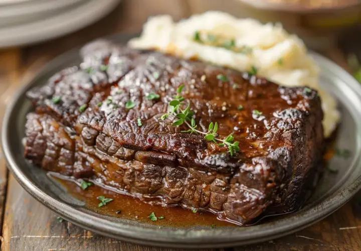 Un paleron de bœuf braisé, tendre et juteux, servi avec une purée de pommes de terre crémeuse et garni de thym frais. Un délice réconfortant.